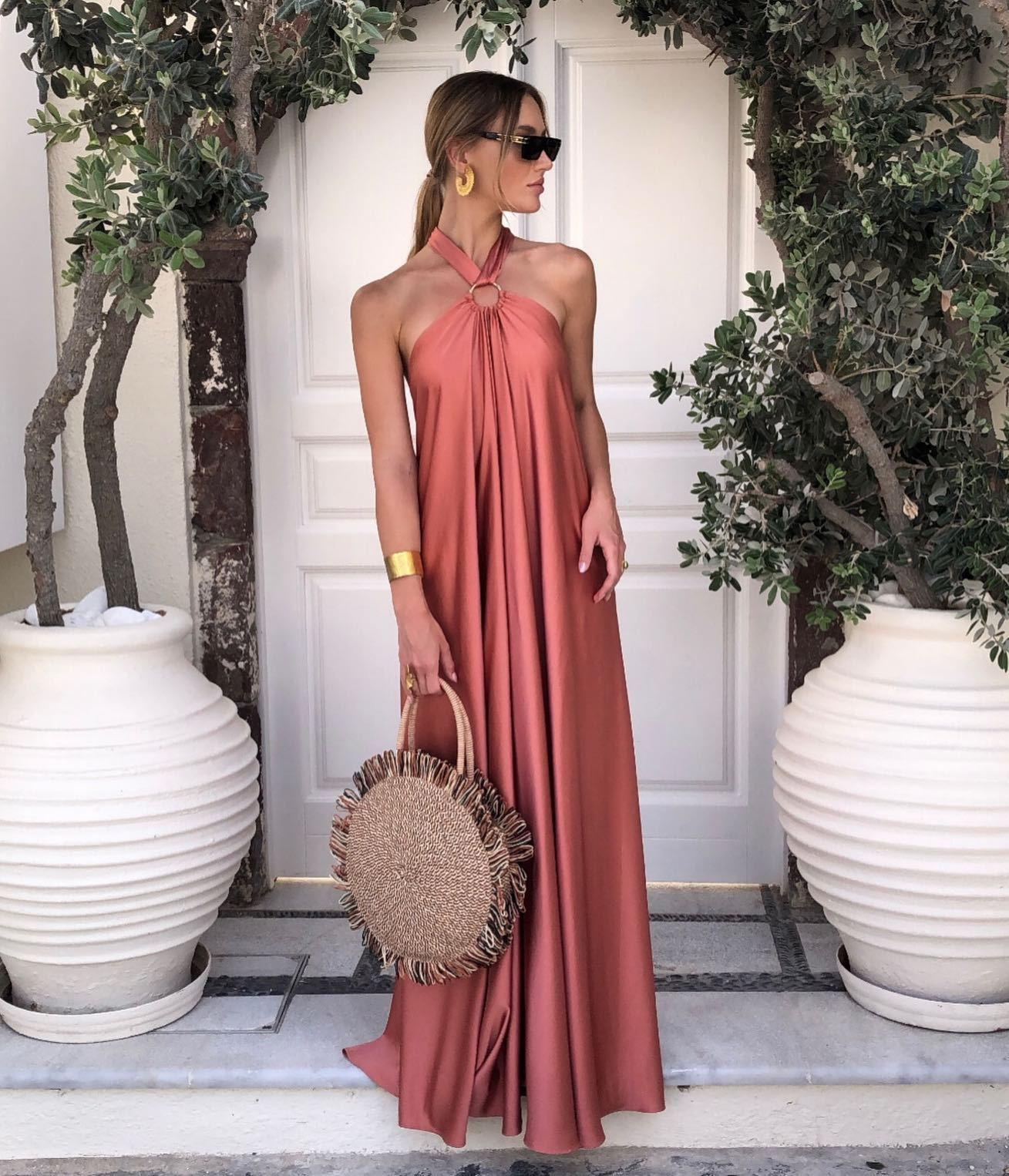 GR | Satin Halter Neck Maxi Dress for Women