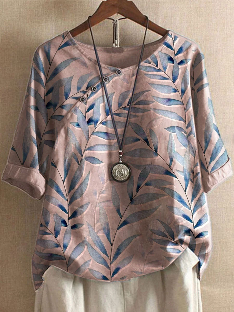 GR | Leisure T-shirts made of cotton and linen, with summer floral motifs and buttons