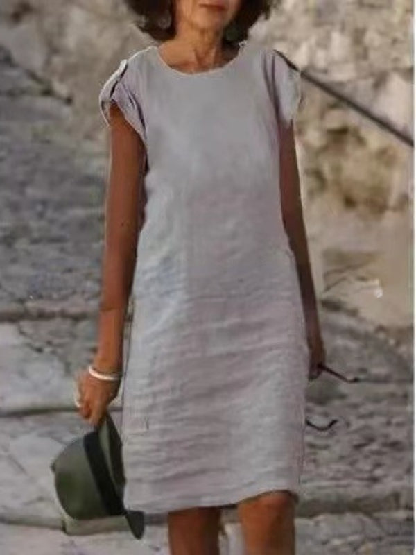GR | Women's Midi Dress in Colorful Cotton-Linen, Sleeveless with Round Neck