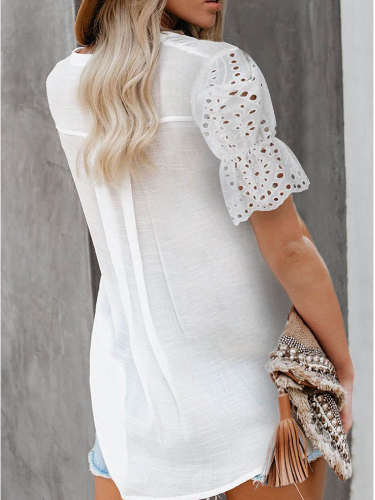 GR | Casual V-neck short lace sleeve top