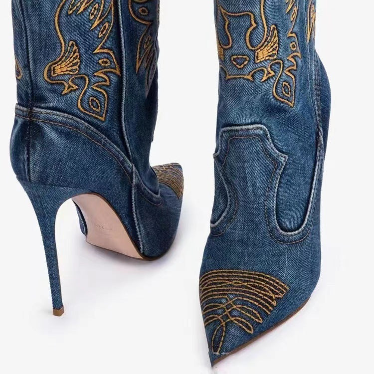 GR | Women's Fashion Western Denim Style High Heels Boots