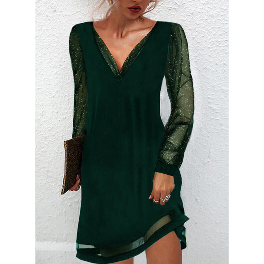 GR | Solides Kleid Mit Spitzenbesatz Und V-Ausschnitt