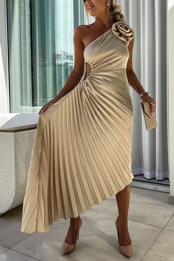 GR | Romantic Nights Satin Sublime Floral Elastic Cutout One-Shoulder Pleated Maxi Dress