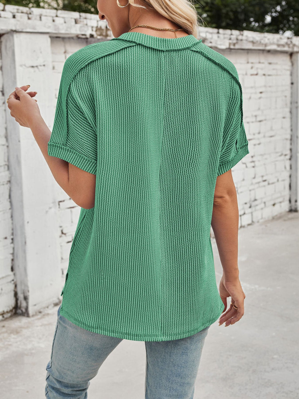 GR | Cord-Ripp V-Ausschnitt Kurzarm T-Shirt