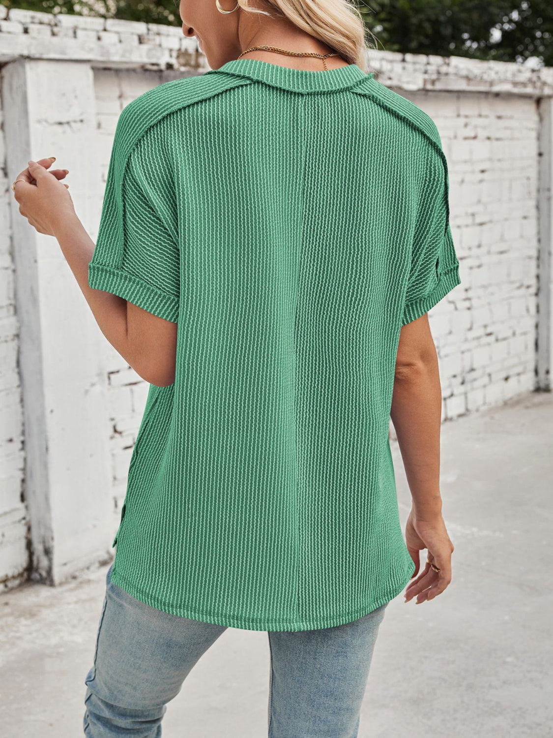 GR | Cord-Ripp V-Ausschnitt Kurzarm T-Shirt