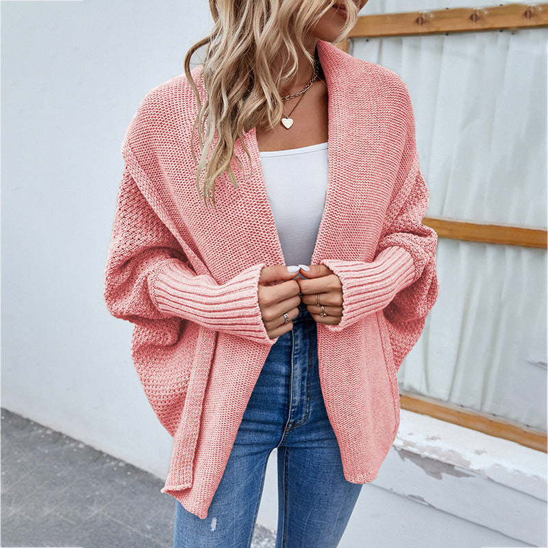 GR | Knitted women's jacket - loose fit with large collar and batwing sleeves