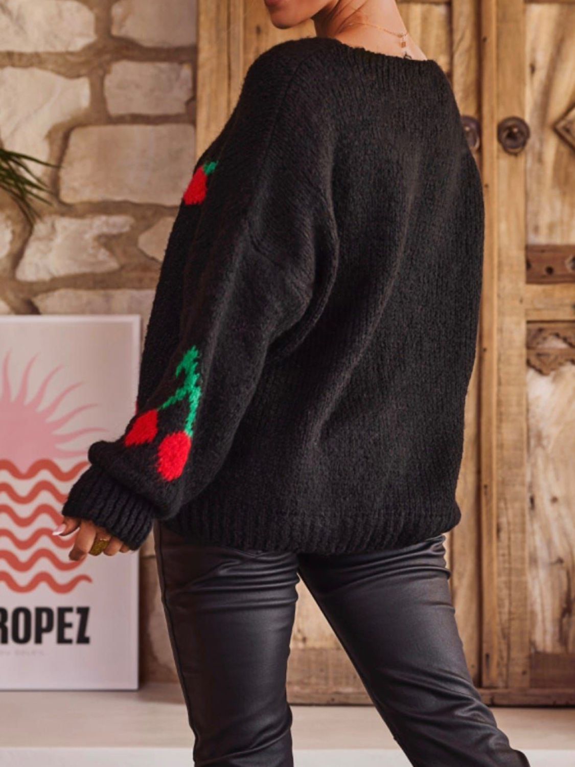 GR | Gebundene Kirsche Rundhalsausschnitt Langarm Cardigan