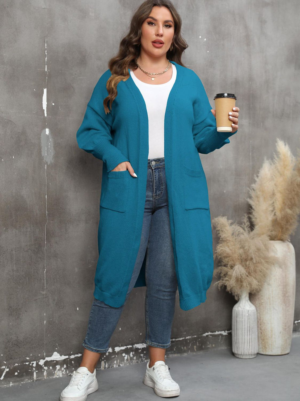 GR | Plus Size Langarm Taschen Cardigan