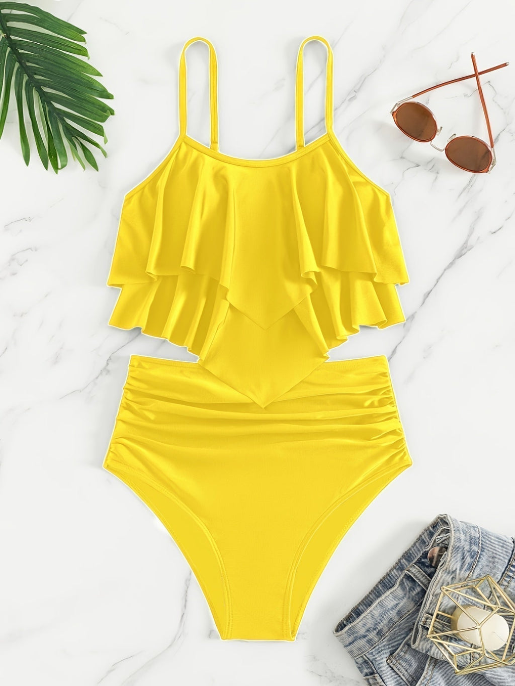 GR | Ruched, Layered Two-Piece Black Tankini for Women