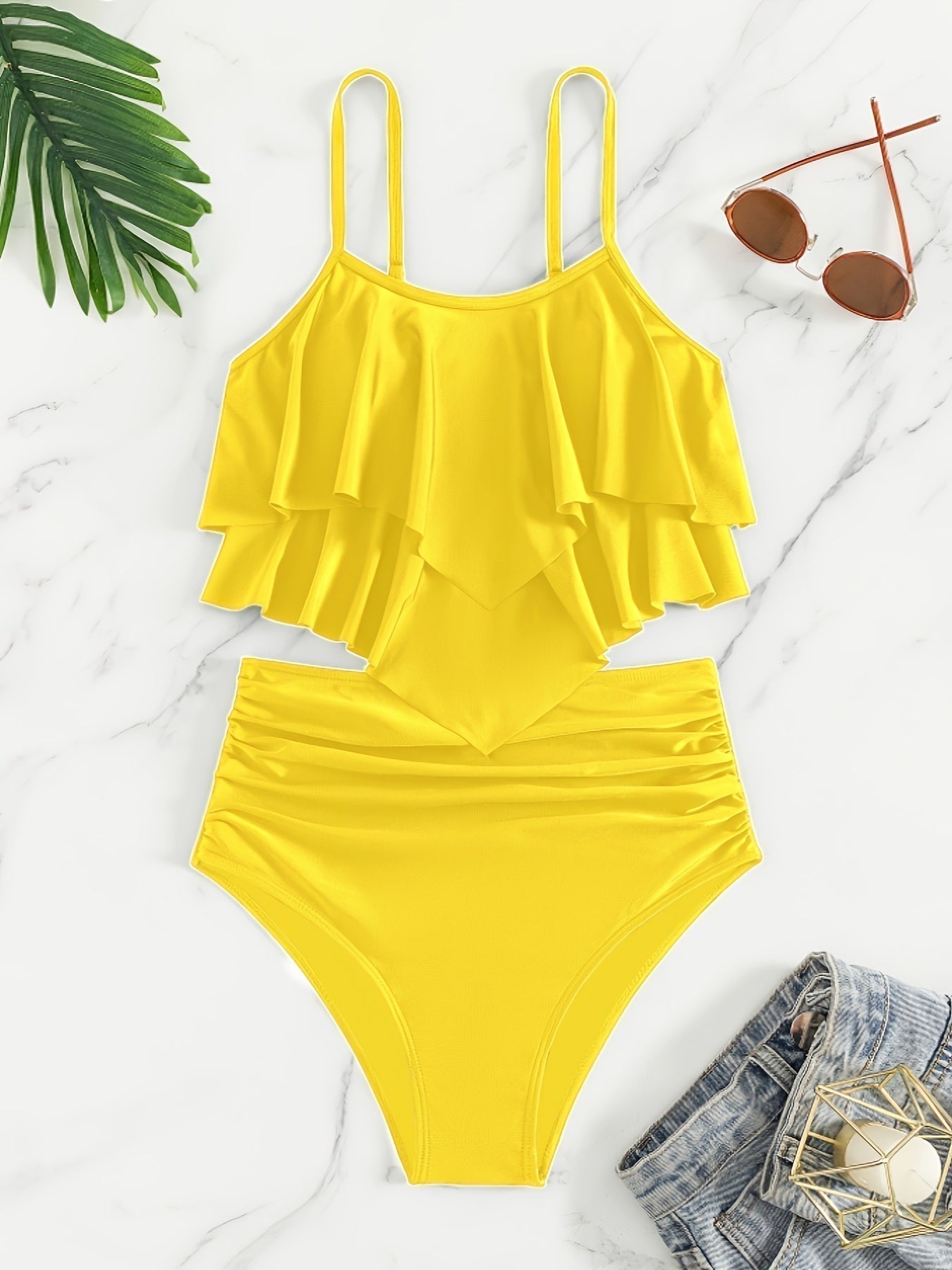 GR | Ruched, Layered Two-Piece Black Tankini for Women