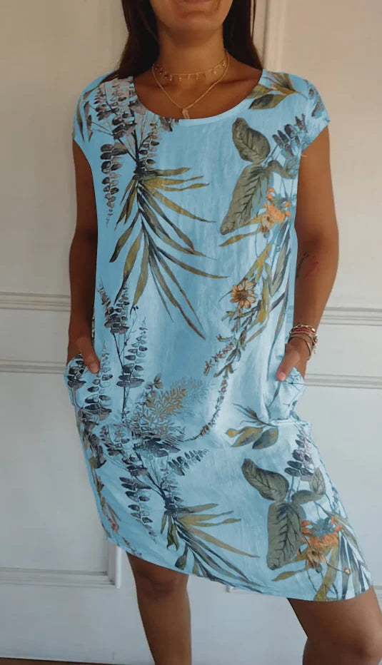 GR | Damen Bedrucktes Baumwoll- und Leinenkleid