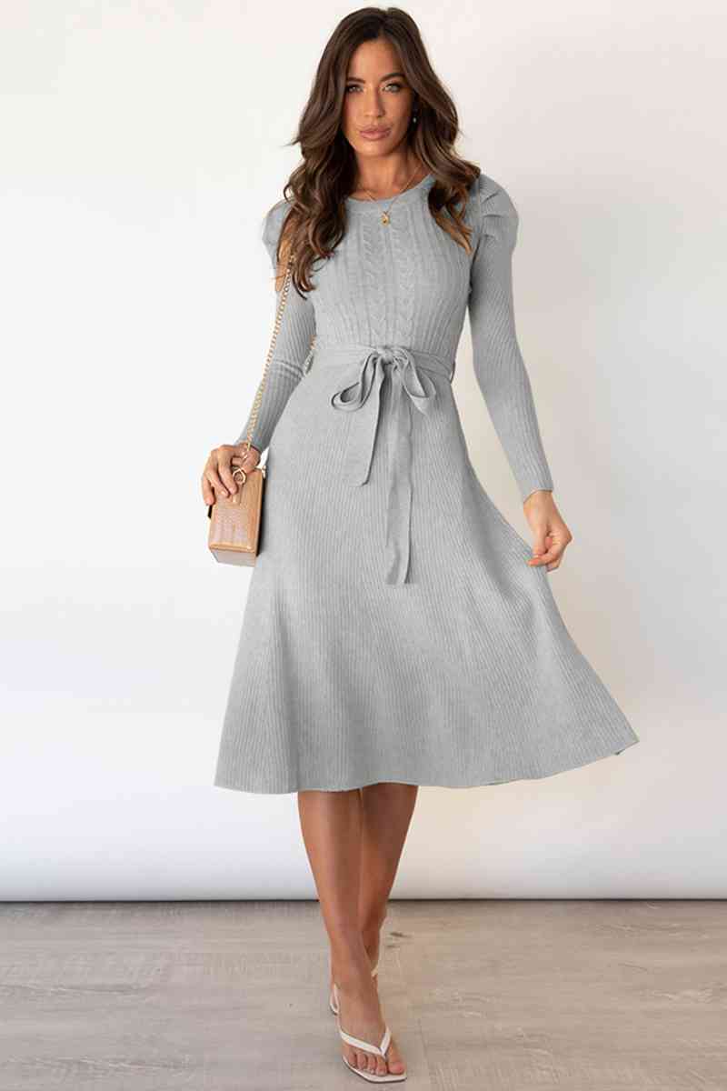 GR | Round Neck Long Sleeve Knot Waist Sweater Dress