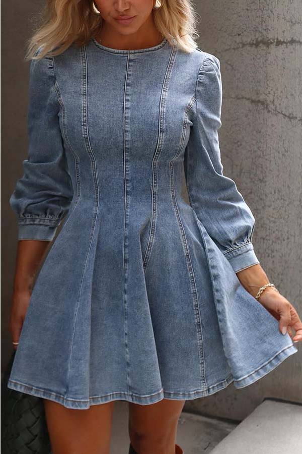 GR | Fade Into You Denim Prinzessinnenlinie Rückenreißverschluss Flare Stretch Mini Kleid