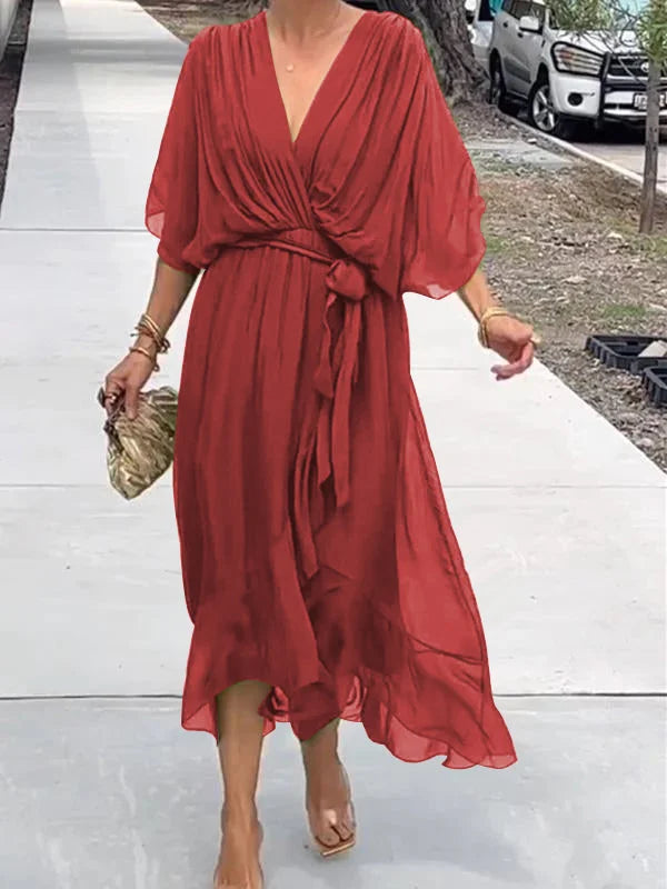 GR | stilvolles und elegantes Chiffonkleid mit V-Ausschnitt