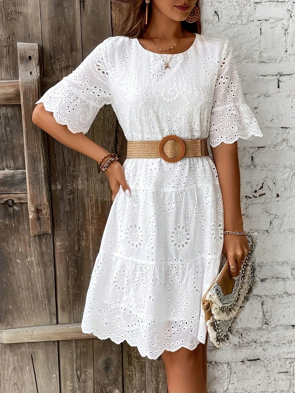 GR | Weiße Spitzenkleid für Damen Leicht, Bestickt und Sommerlich