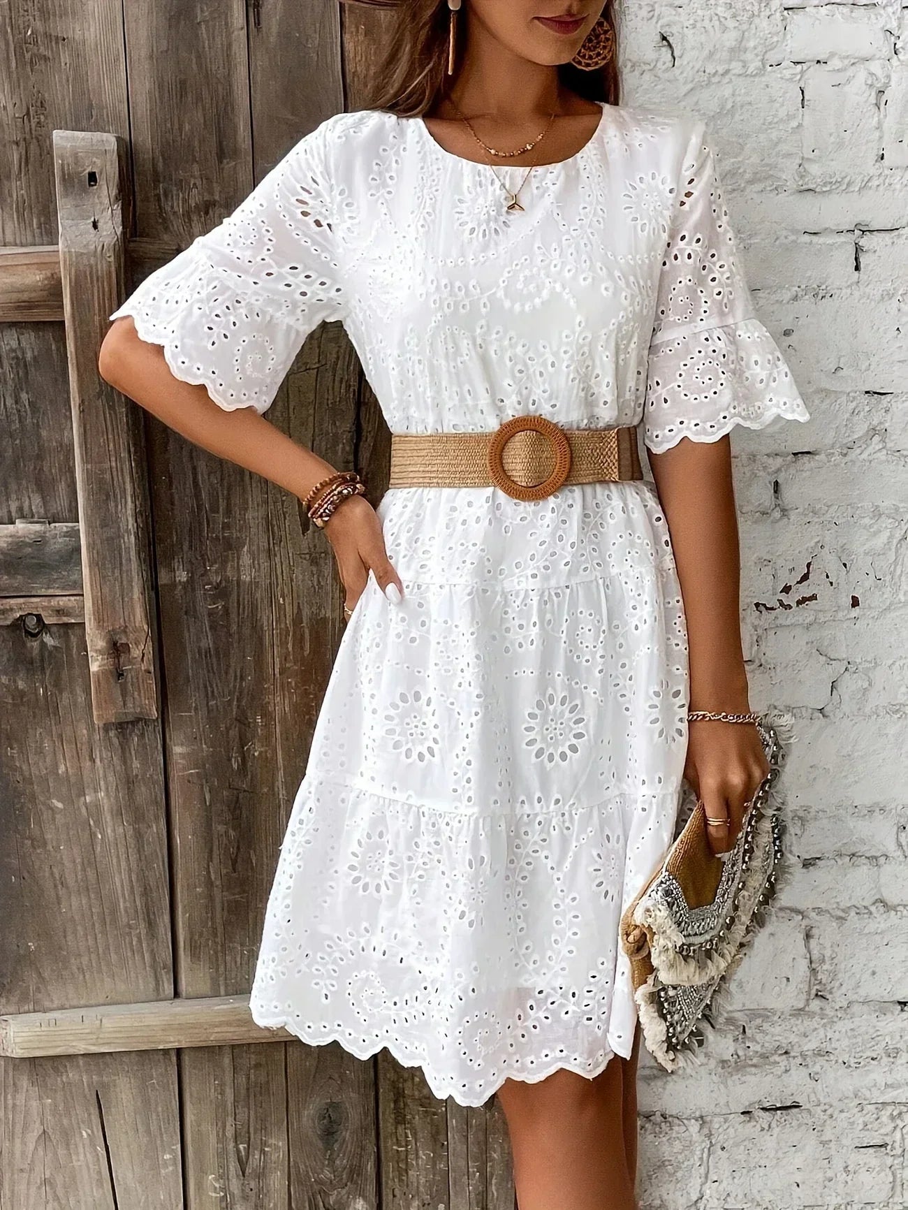 GR | Weiße Spitzenkleid für Damen Leicht, Bestickt und Sommerlich