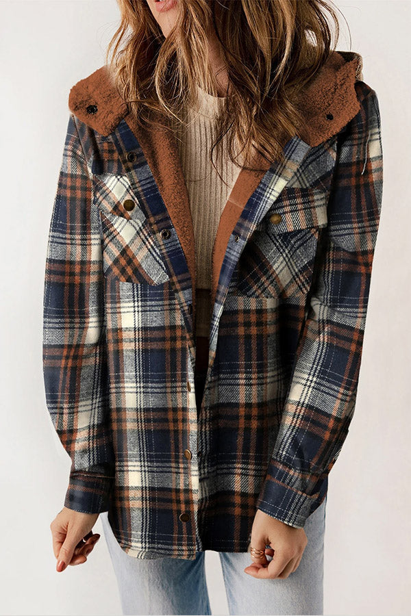 GR | Snap Button Sherpa Fleece Lined Hooded Flannel Jacket