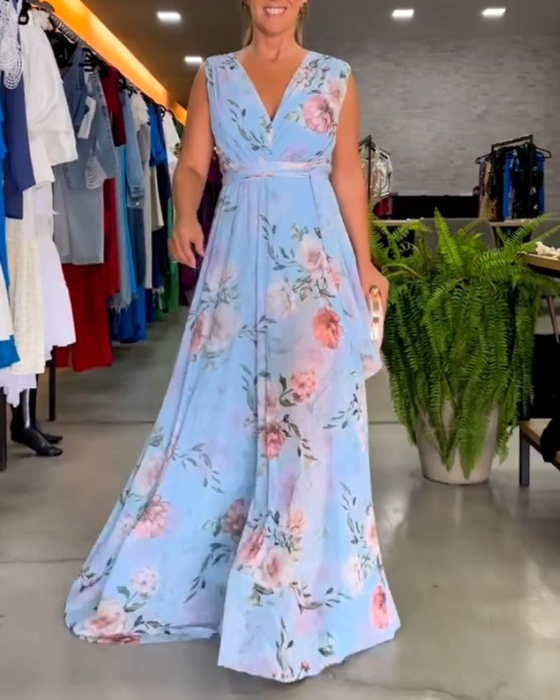 GR | Elegantes Ärmelloses V-Ausschnitt Floral Druck Kleid