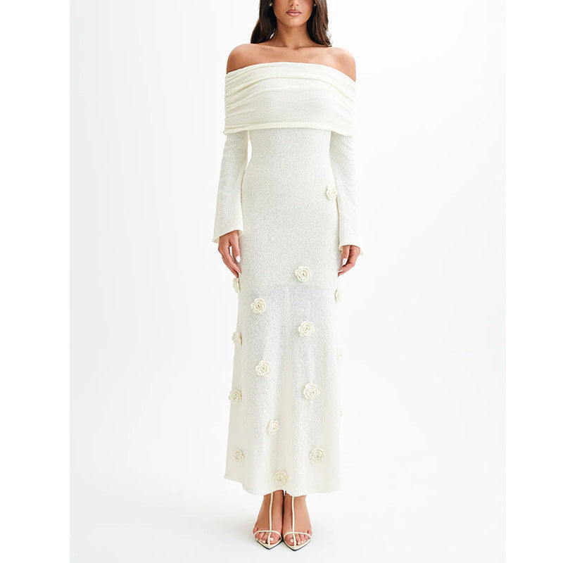 GR | Three-dimensional floral dress with off-the-shoulder knit