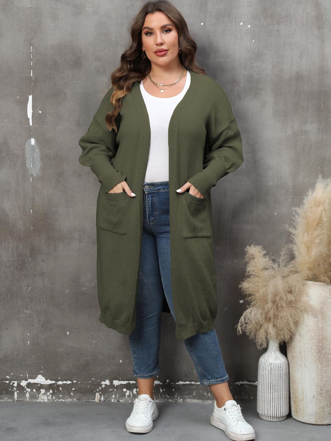 GR | Plus Size Langarm Taschen Cardigan