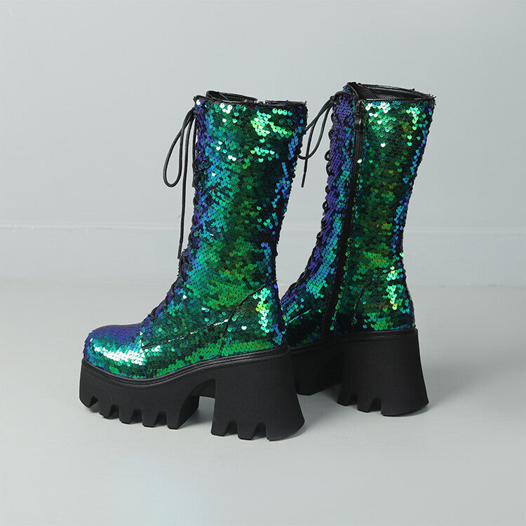 GR | Sequin Mid-Length Martin Boots Round Toe Front