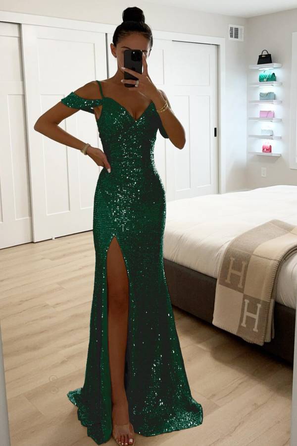 GR | Paillettenspitze Meerjungfrau Abschlussballkleider mit Schlitz Off-Shoulder Abendkleid