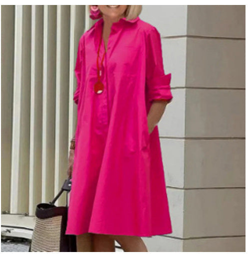 GR | Shirt dress with turn-down collar & three-quarter sleeves