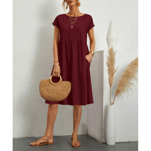 GR | Damen Baumwoll Leinen Midi Kleid