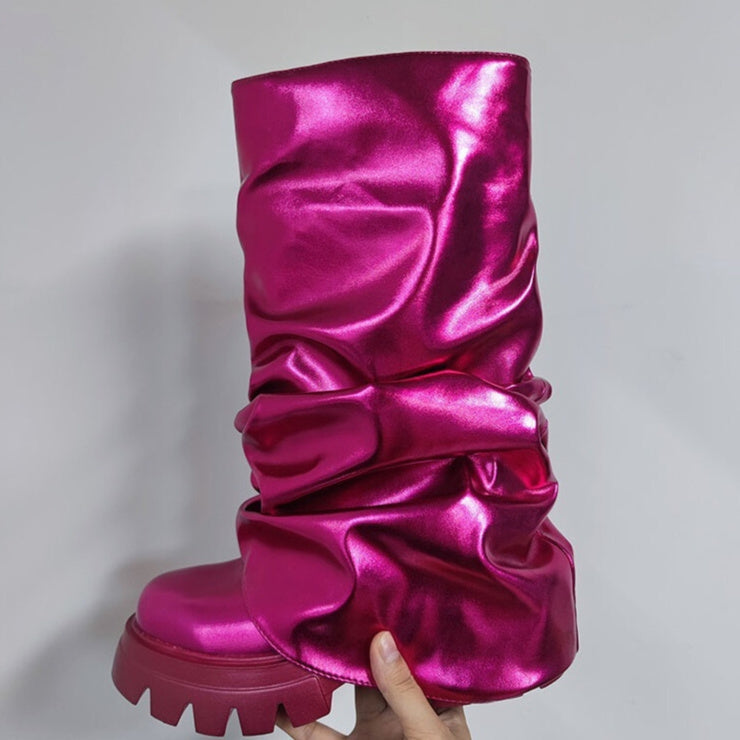 GR | Round Toe Thick Bound Shaped Sole Folded Women's Boots