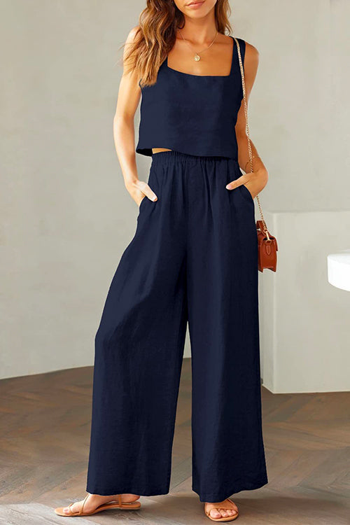GR | Rosiedress Square Collar Cami Crop Top Wide Leg Trousers Cotton Linen Set