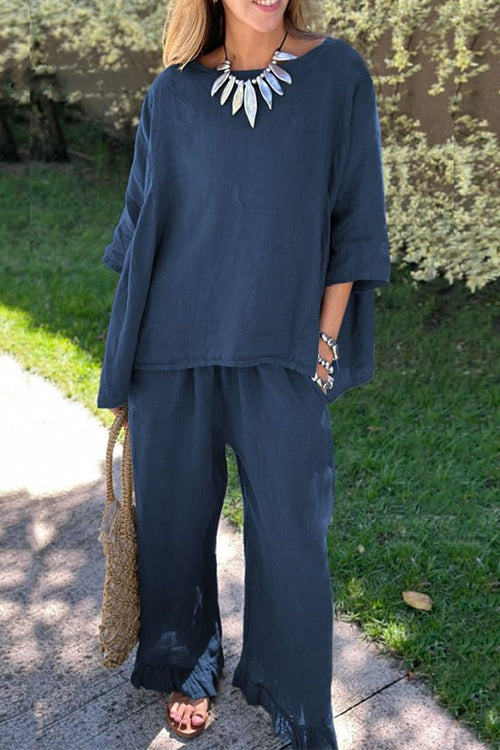 GR | Rosiedress Cotton Linen 3/4 Sleeve Sweater Top Wide Leg Trousers Ruffled Hem Set 