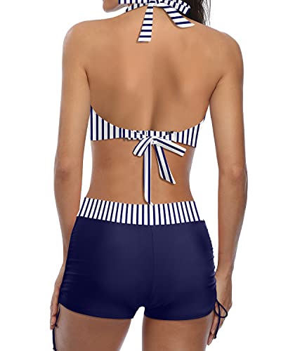 GR | Sporty two-piece swimsuit with push-up bikini and boyshorts, blue and white striped