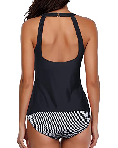 GR | Figure-shaping black low-cut tankini with striped shorts