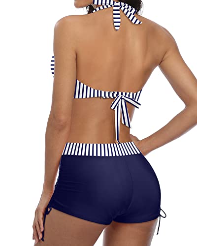 GR | Sporty two-piece swimsuit with push-up bikini and boyshorts, blue and white striped