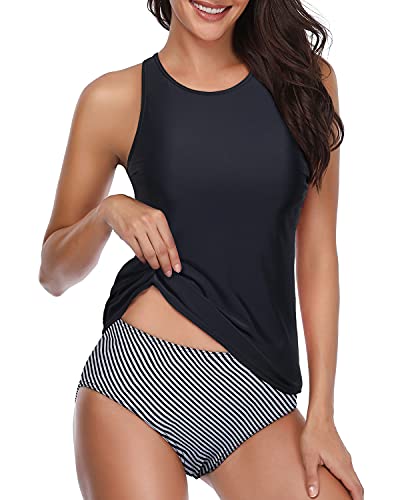 GR | Figure-shaping black low-cut tankini with striped shorts