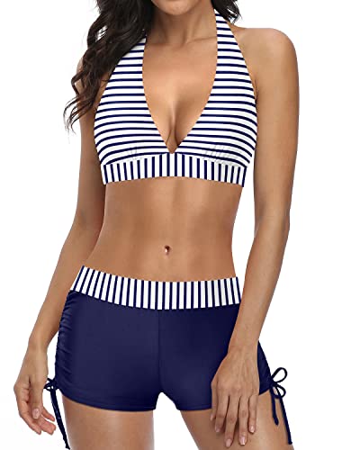 GR | Sporty two-piece swimsuit with push-up bikini and boyshorts, blue and white striped