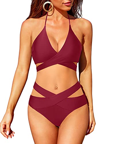 GR | High-waisted bikini swimsuit push-up halter wrap criss-cross 2-piece set