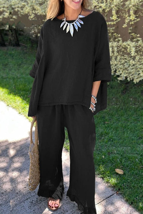 GR | Rosiedress Cotton Linen 3/4 Sleeve Sweater Top Wide Leg Trousers Ruffled Hem Set 