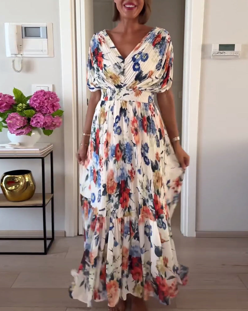 GR | Beautiful Elegant Pleated Dress with Floral Pattern