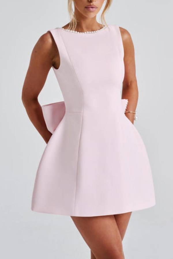 GR | Stylish Pearl-Embellished Large Bow Slim-Fit Mini Dress 