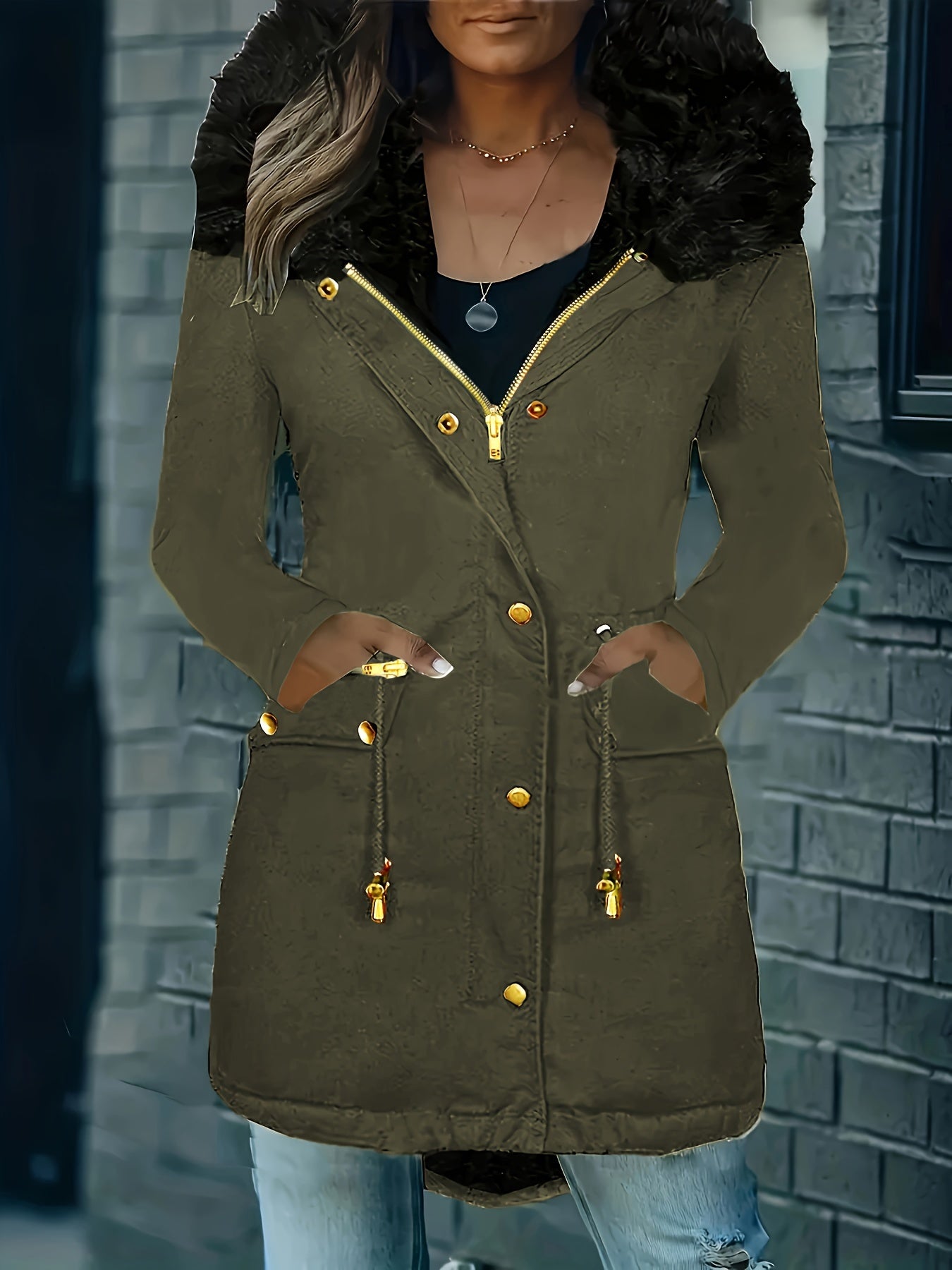 GR | Zip-up parka coat with buttons and hood, women's winter jacket