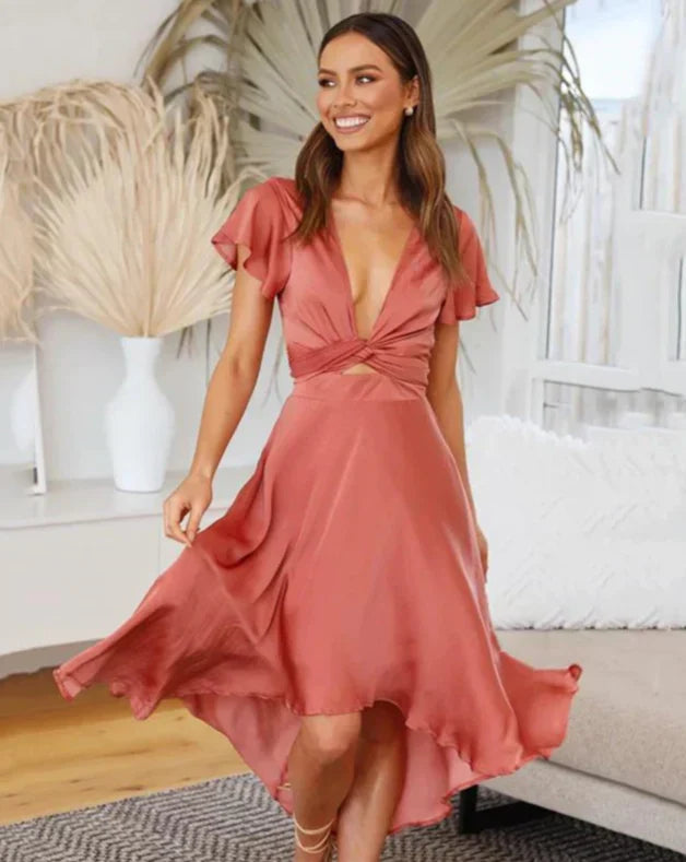 GR | Elegant satin dress with tie belt