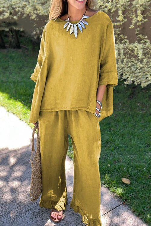 GR | Rosiedress Cotton Linen 3/4 Sleeve Sweater Top Wide Leg Trousers Ruffled Hem Set 