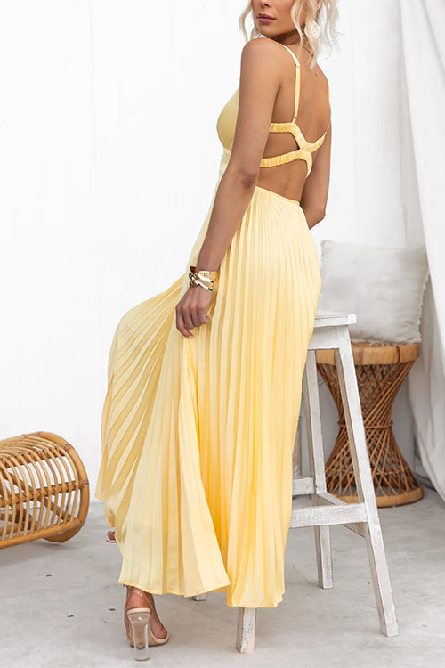GR | V-neck back cut-out pleated maxi cami dress