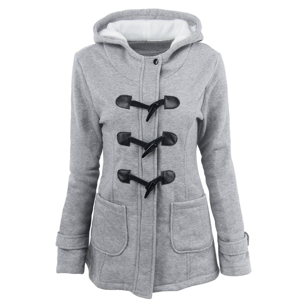 Women's duffle coat with hood and practical pockets, size