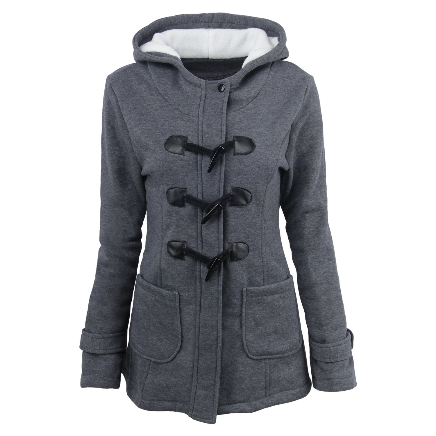 Women's duffle coat with hood and practical pockets, size