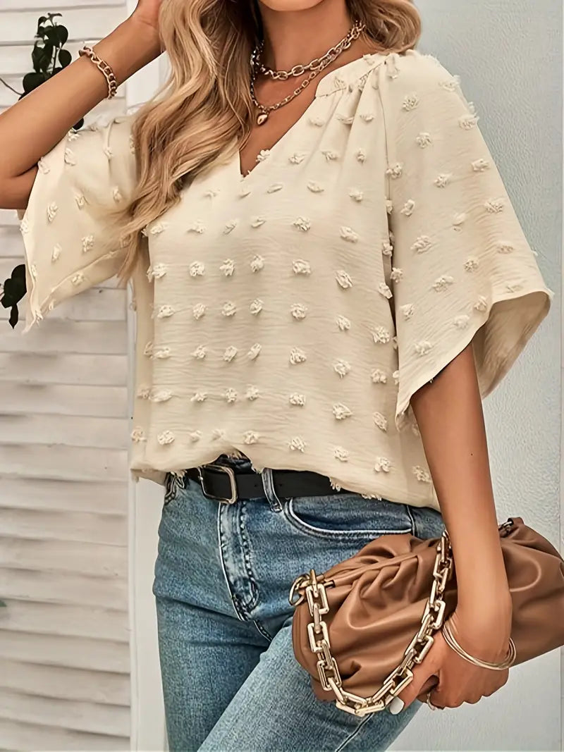 GR | Elegant and stylish V-neck top with Swiss polka dots