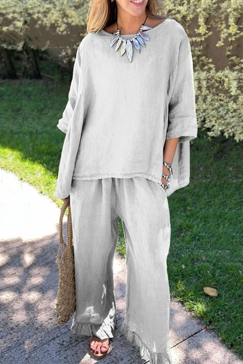 GR | Rosiedress Cotton Linen 3/4 Sleeve Sweater Top Wide Leg Trousers Ruffled Hem Set 