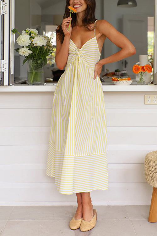 GR | Rosiedress V-Ausschnitt Schnürung Gestreiftes Midi Cami Kleid