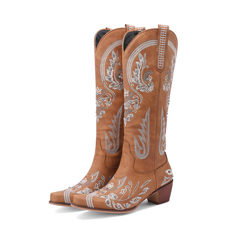 GR | Embroidered Western Denim Retro Women's Knee-Length Boots
